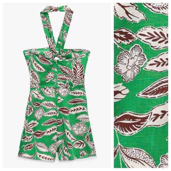 NWT. Zara Green Linen/Cotton Cut-Out Tropical Print Jumpsuit/Romper. Size L. - Picture 6 of 10